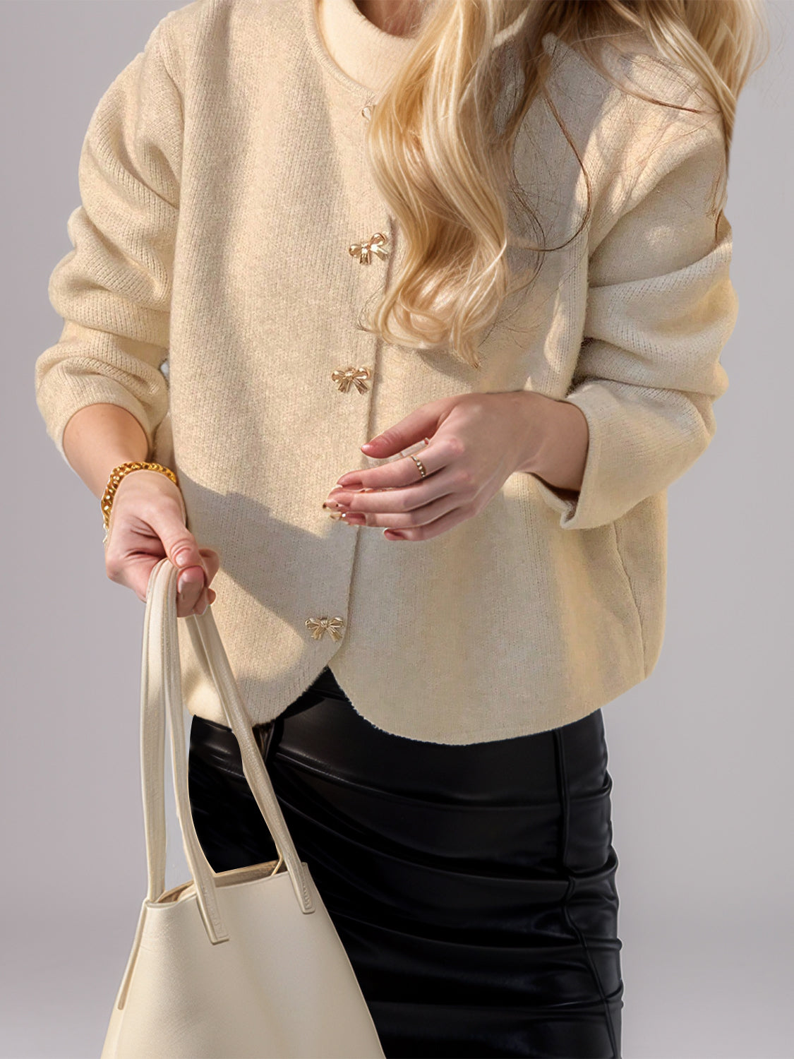Bow Button Down Round Neck Long Sleeve Cardigan-Angel Casuals