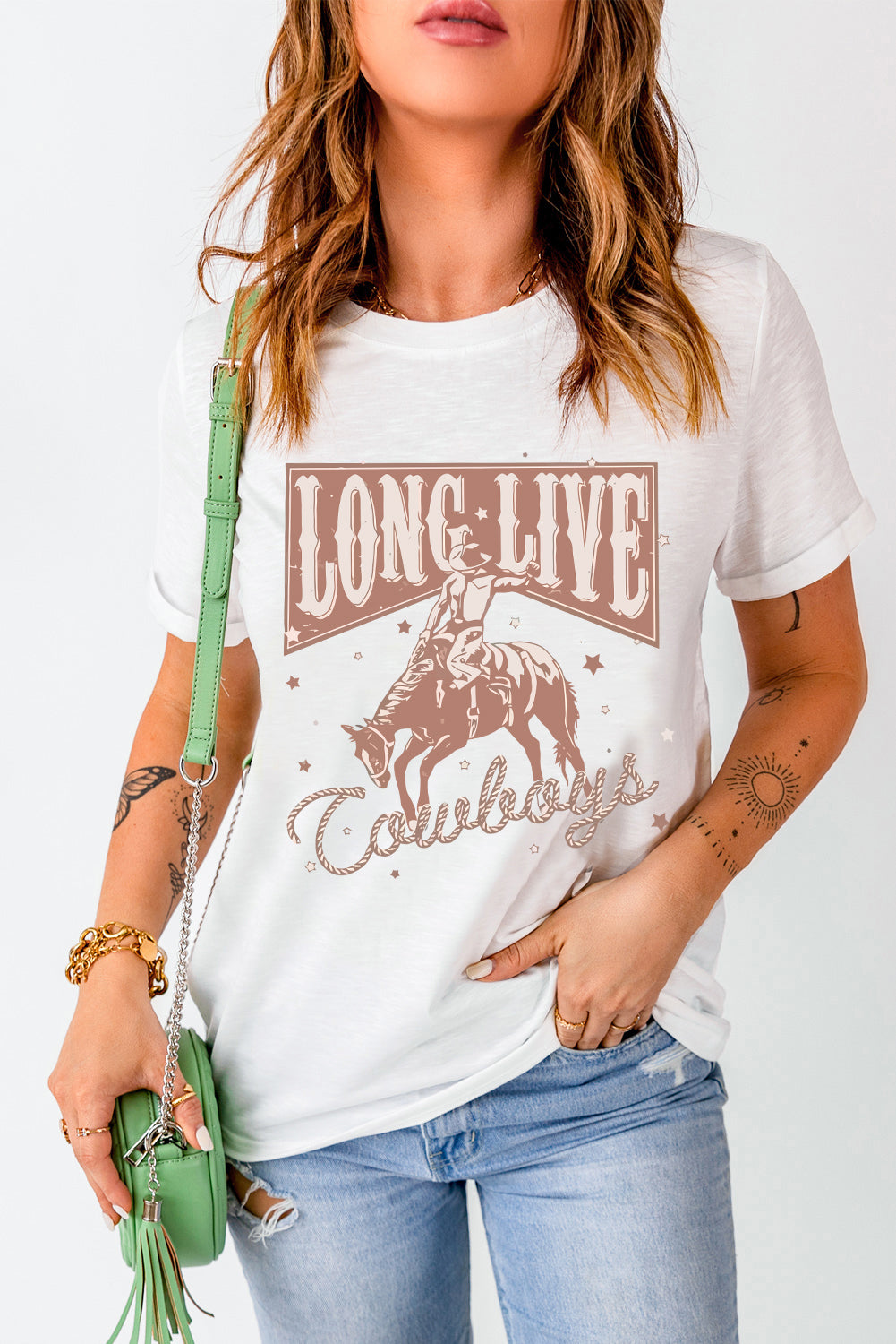 Cowboy Graphic Round Neck Short Sleeve T-Shirt-Angel Casuals