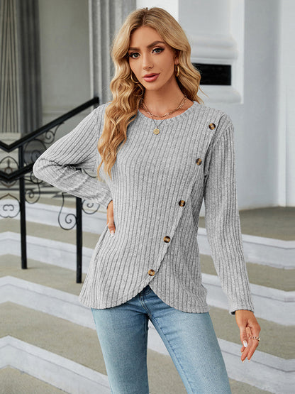 Round Neck Ribbed Button Detail Blouse-Angel Casuals