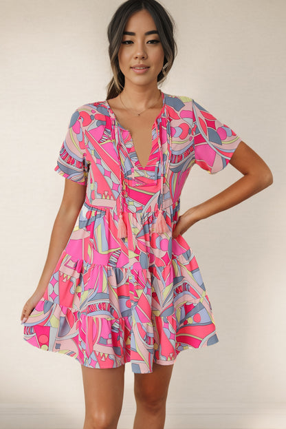 Multicolored Tie Neck Short Sleeve Tiered Dress-Angel Casuals