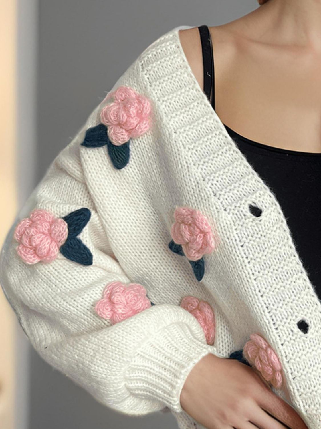 Flower Button Down V-Neck Long Sleeve Cardigan-Angel Casuals