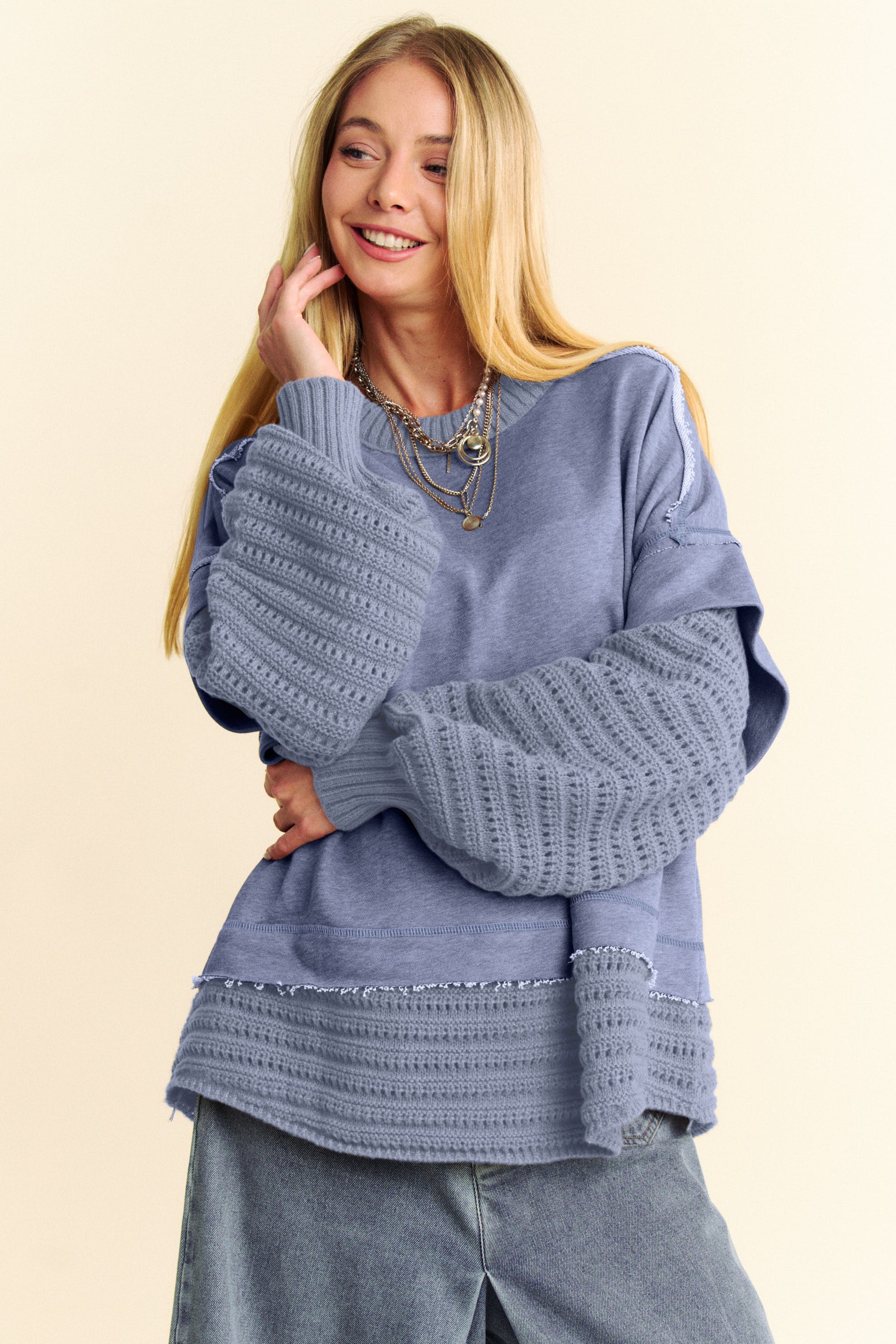 Davi & Dani Faux Layered Round Neck Sweater-Angel Casuals