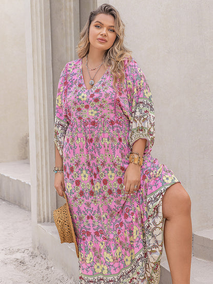 Plus Size Floral V-Neck Balloon Sleeve Midi Dress-Angel Casuals