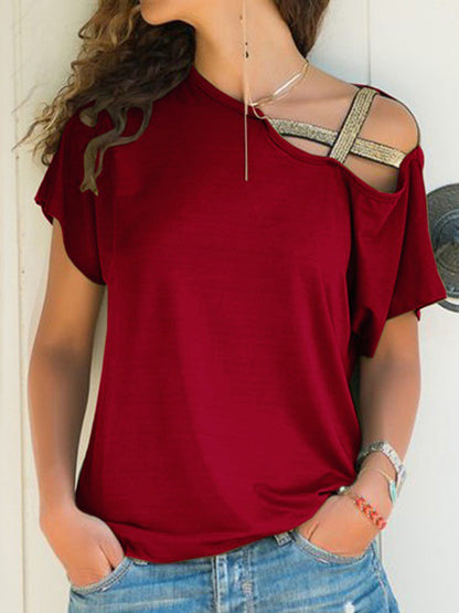 Asymmetrical Neck Short Sleeve T-Shirt-Angel Casuals