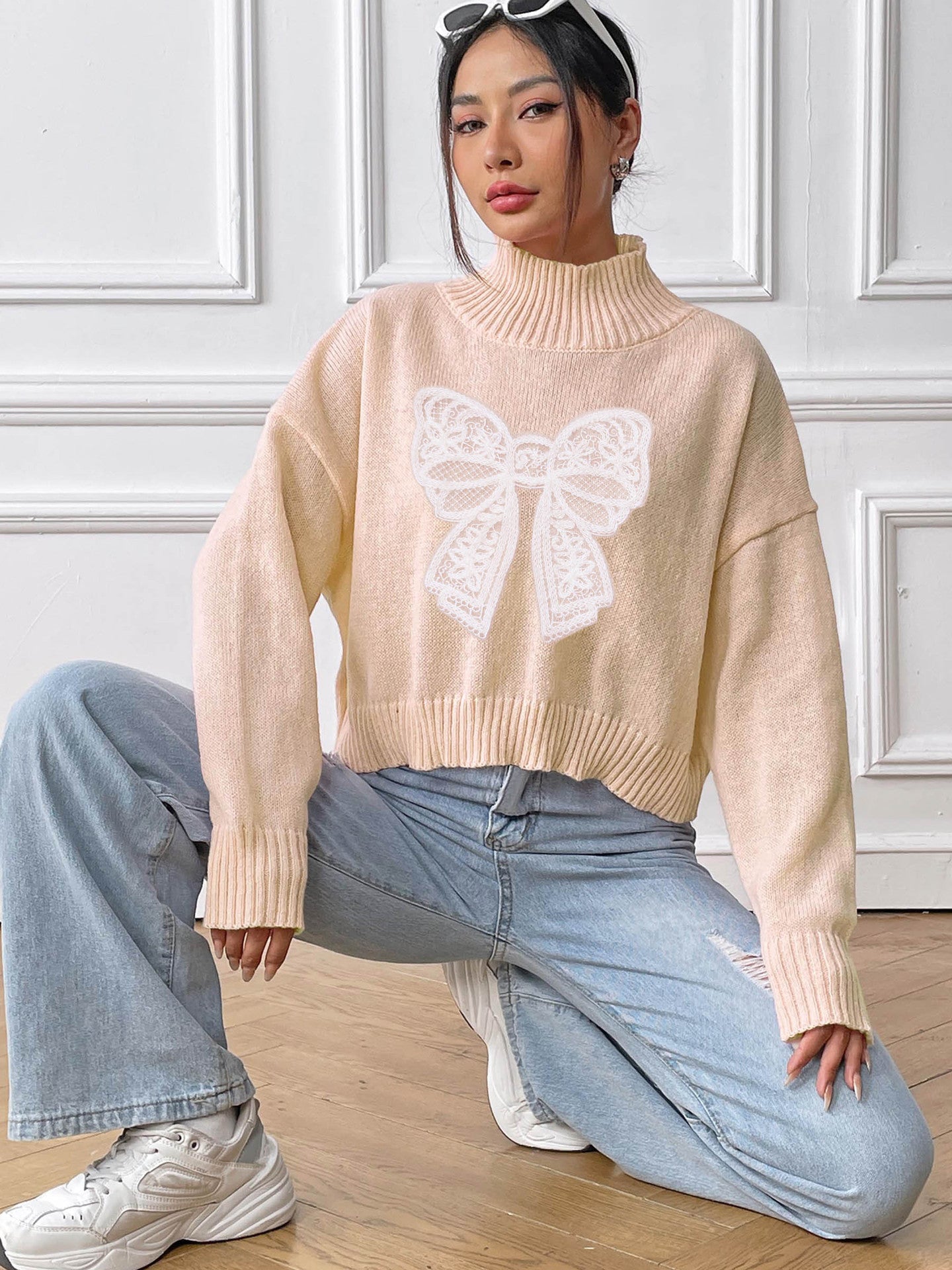 Bow Turtleneck Long Sleeve Sweater-Angel Casuals