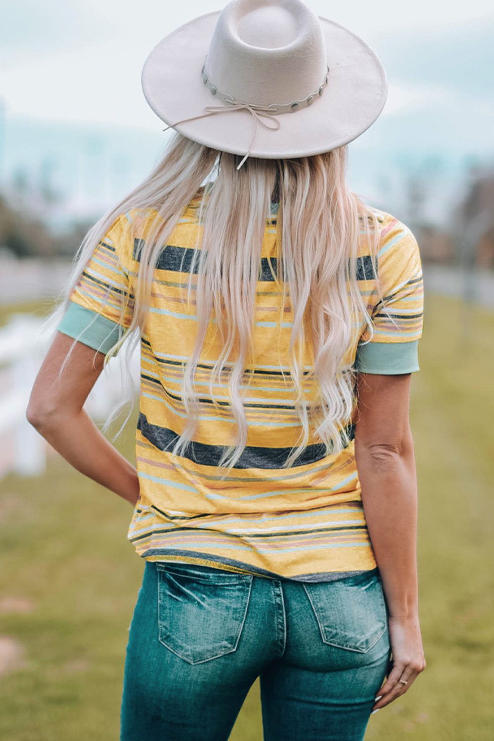 Multicolored Striped Round Neck Tee Shirt-Angel Casuals