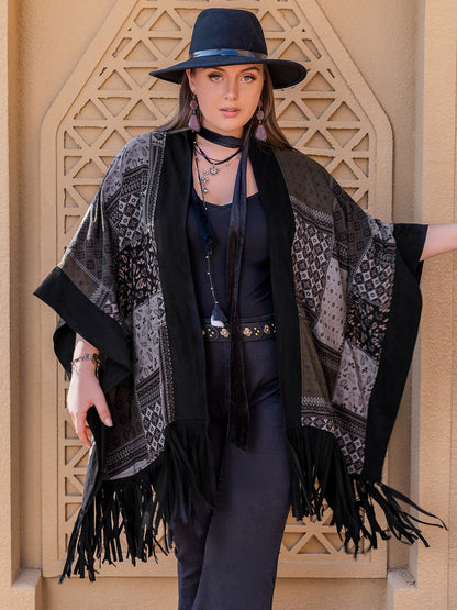 Plus Size Printed Fringe Open Front Outerwear-Angel Casuals