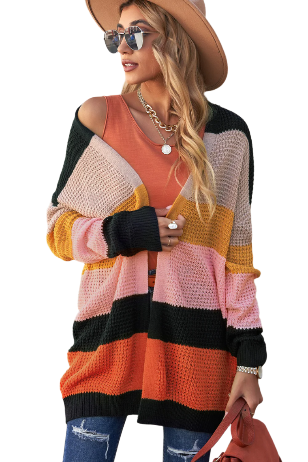 Striped Waffle Knit Open Front Cardigan-Angel Casuals