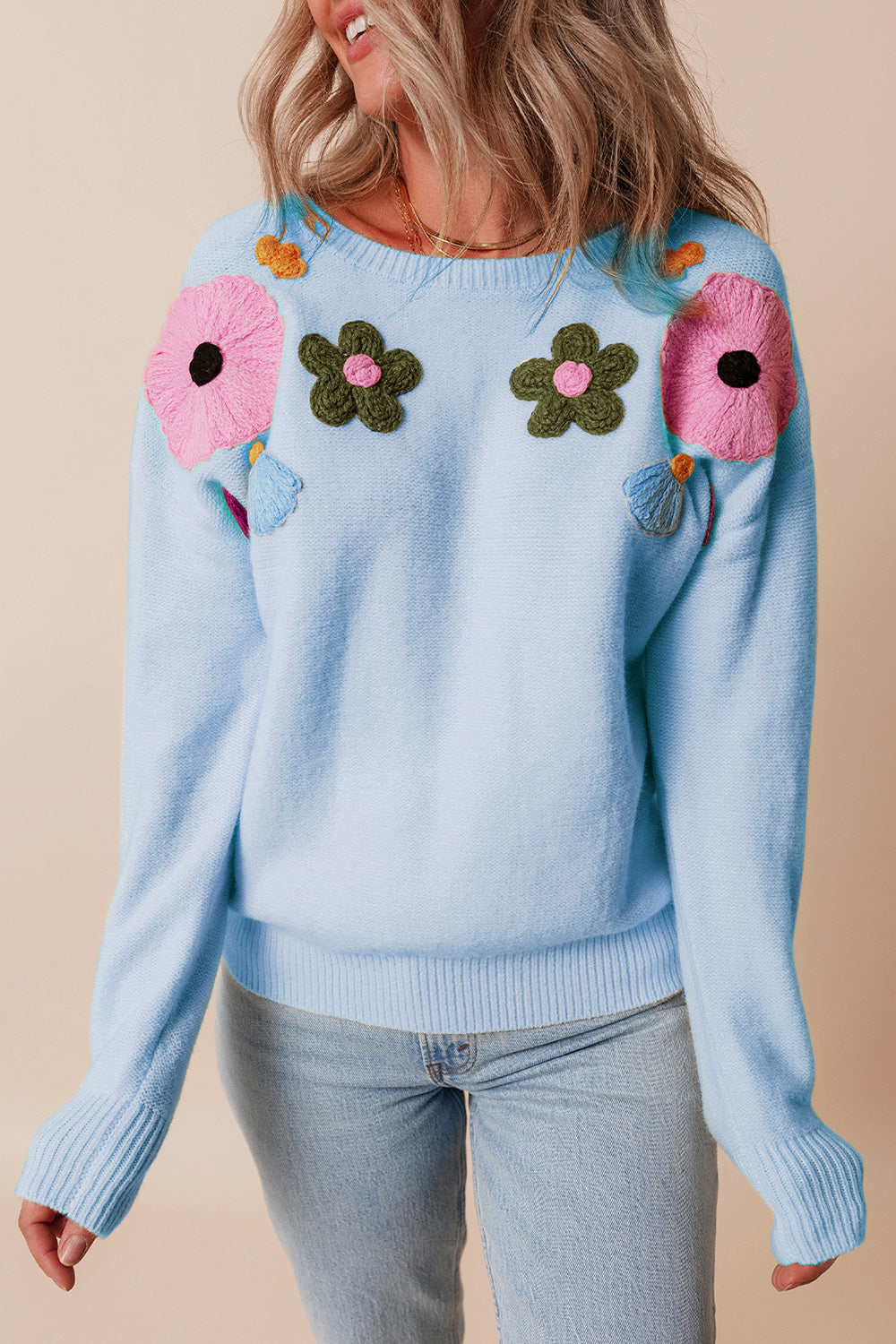 Crochet Flower Round Neck Dropped Shoulder Sweater-Angel Casuals