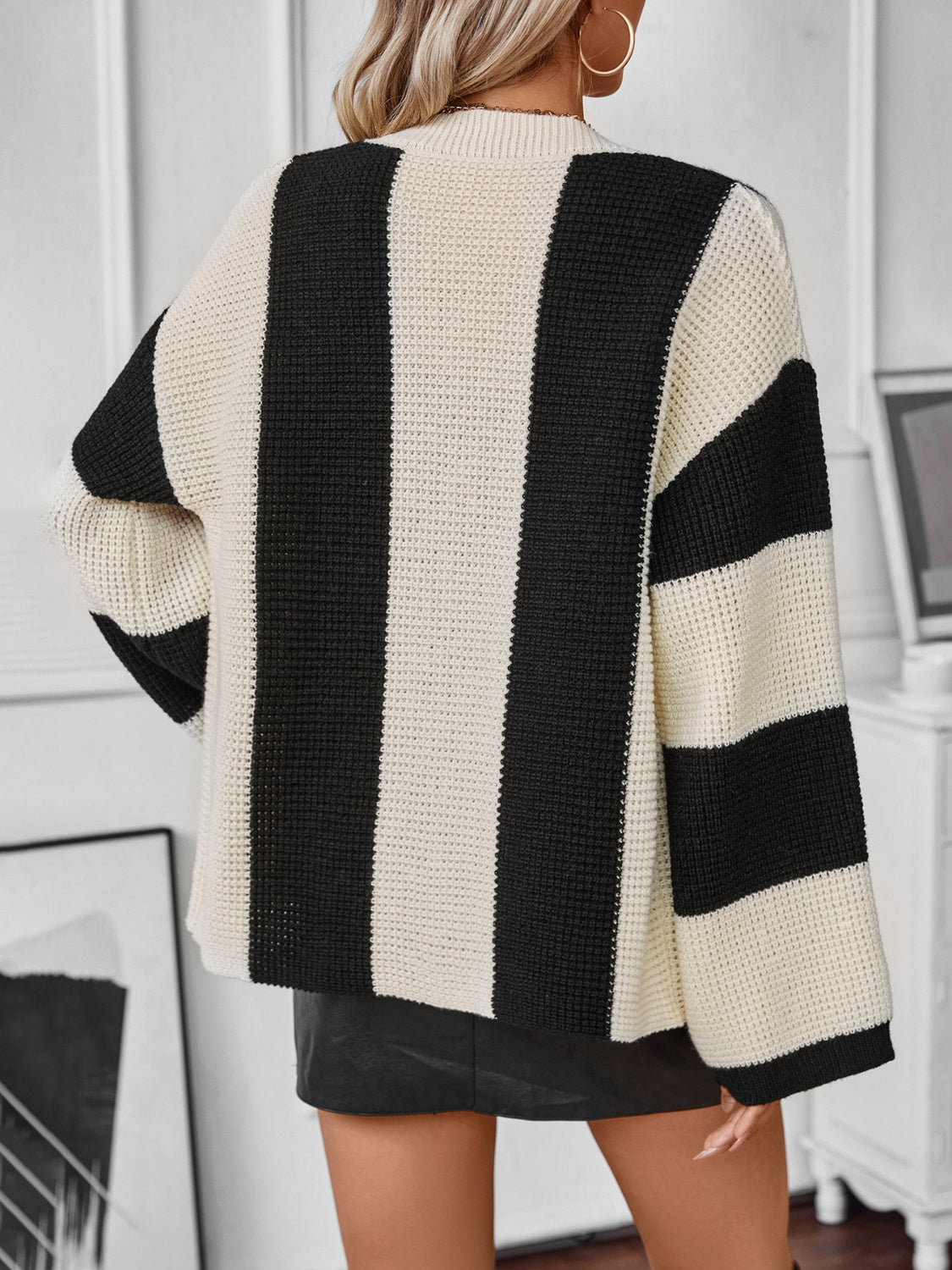 Waffle-Knit V-Neck Striped Long Sleeve Cardigan-Angel Casuals