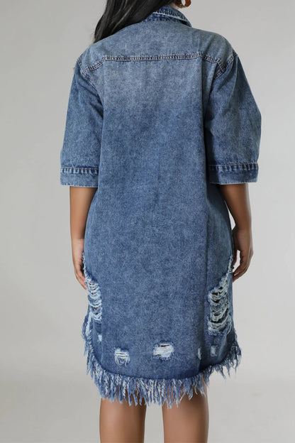 Distressed Raw Hem Button Up Denim Dress-Angel Casuals