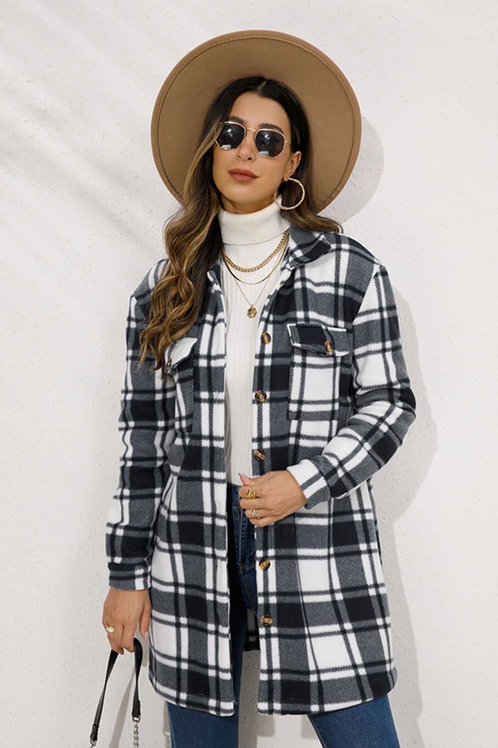 Shiny Plaid Collared Longline Coat-Angel Casuals