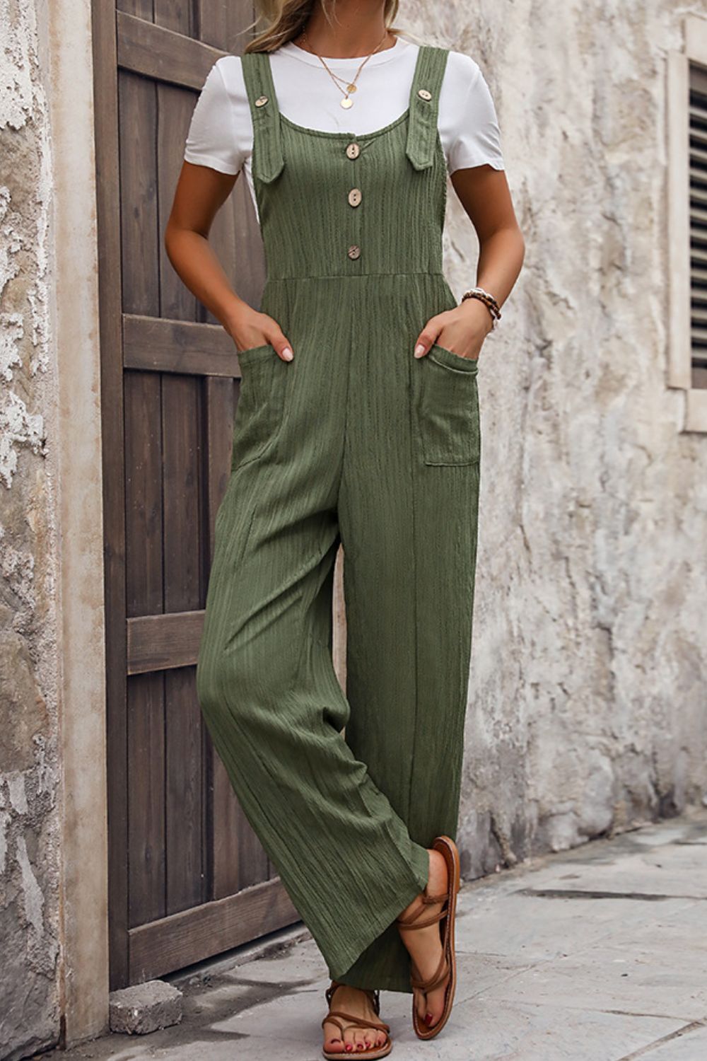 Textured Pocketed Wide Strap Overalls-Angel Casuals