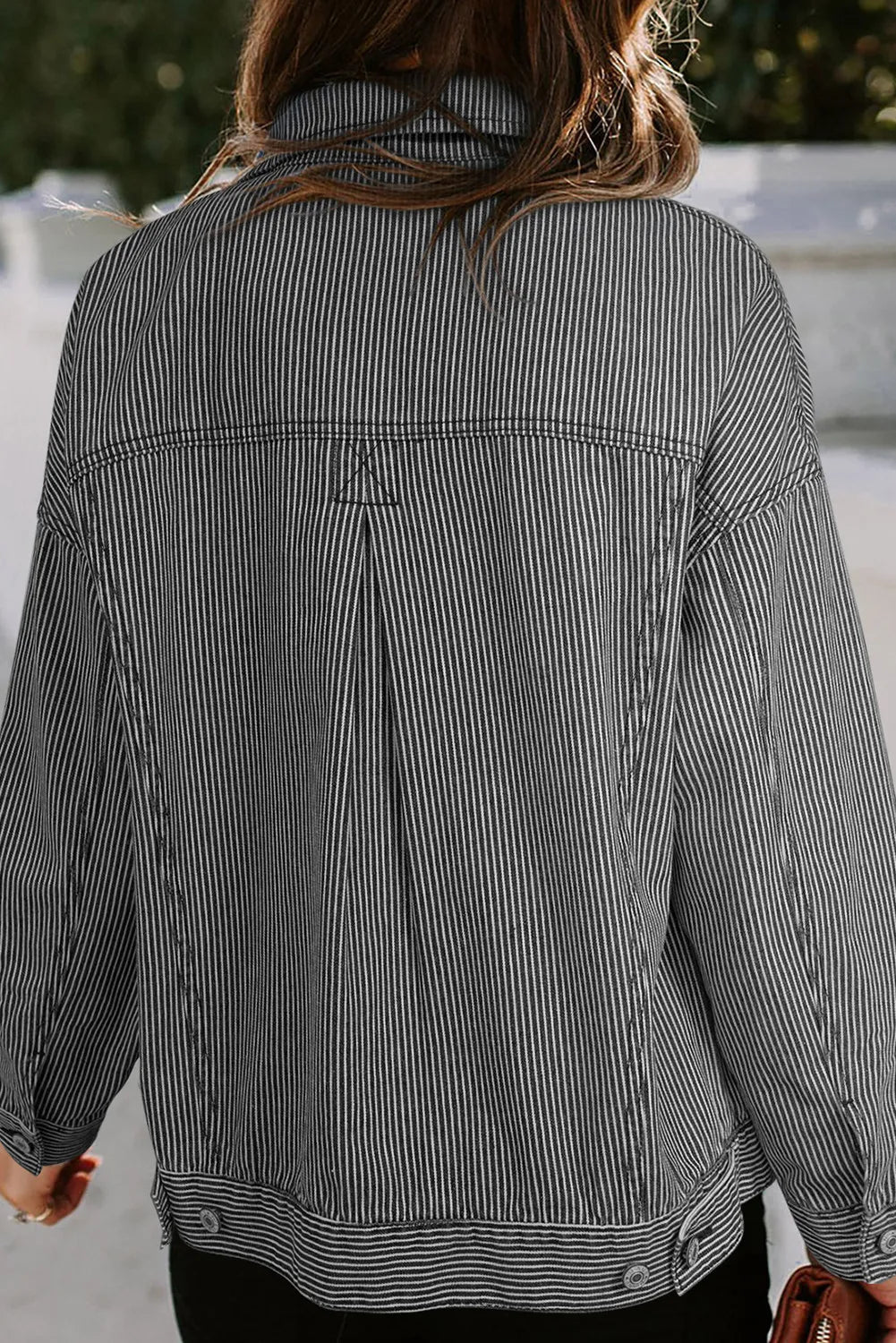 Striped Button Up Long Sleeve Denim Jacket-Angel Casuals