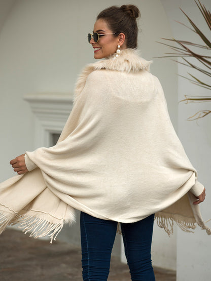 Fringe Open Front Long Sleeve Poncho-Angel Casuals