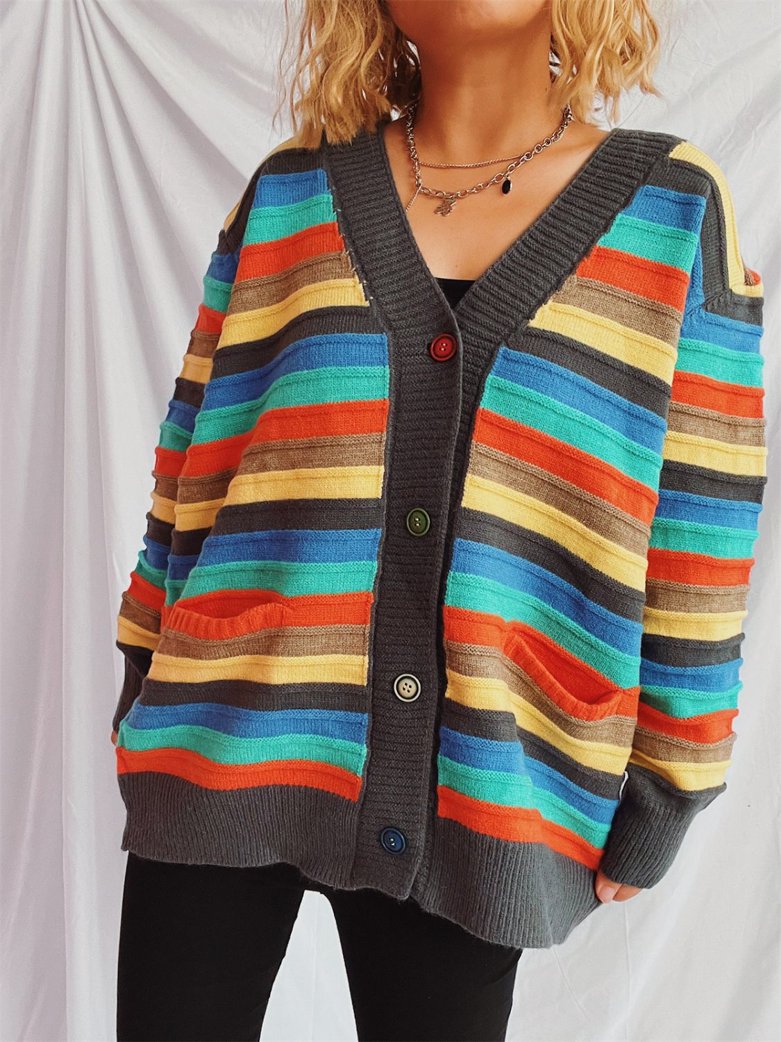 Contrast Stripes Button Up Long Sleeve Cardigan-Angel Casuals