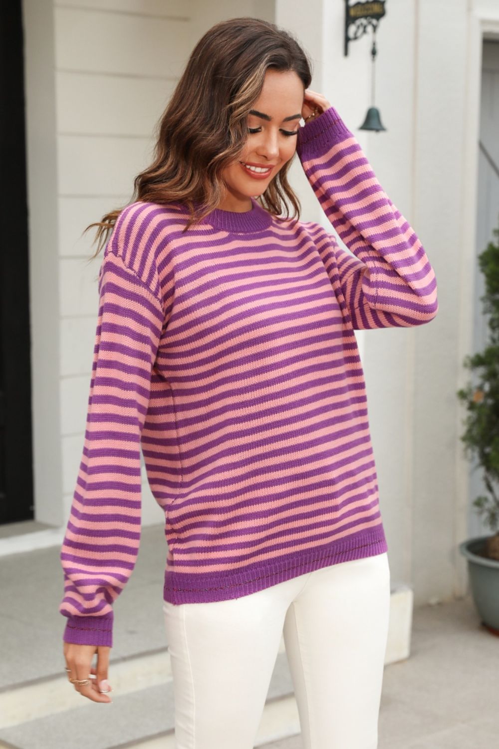 Angel Wings Striped Round Neck Dropped Shoulder Sweater-Angel Casuals