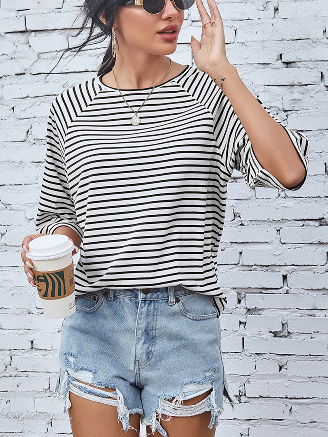 Striped Round Neck Raglan Sleeve T-Shirt-Angel Casuals