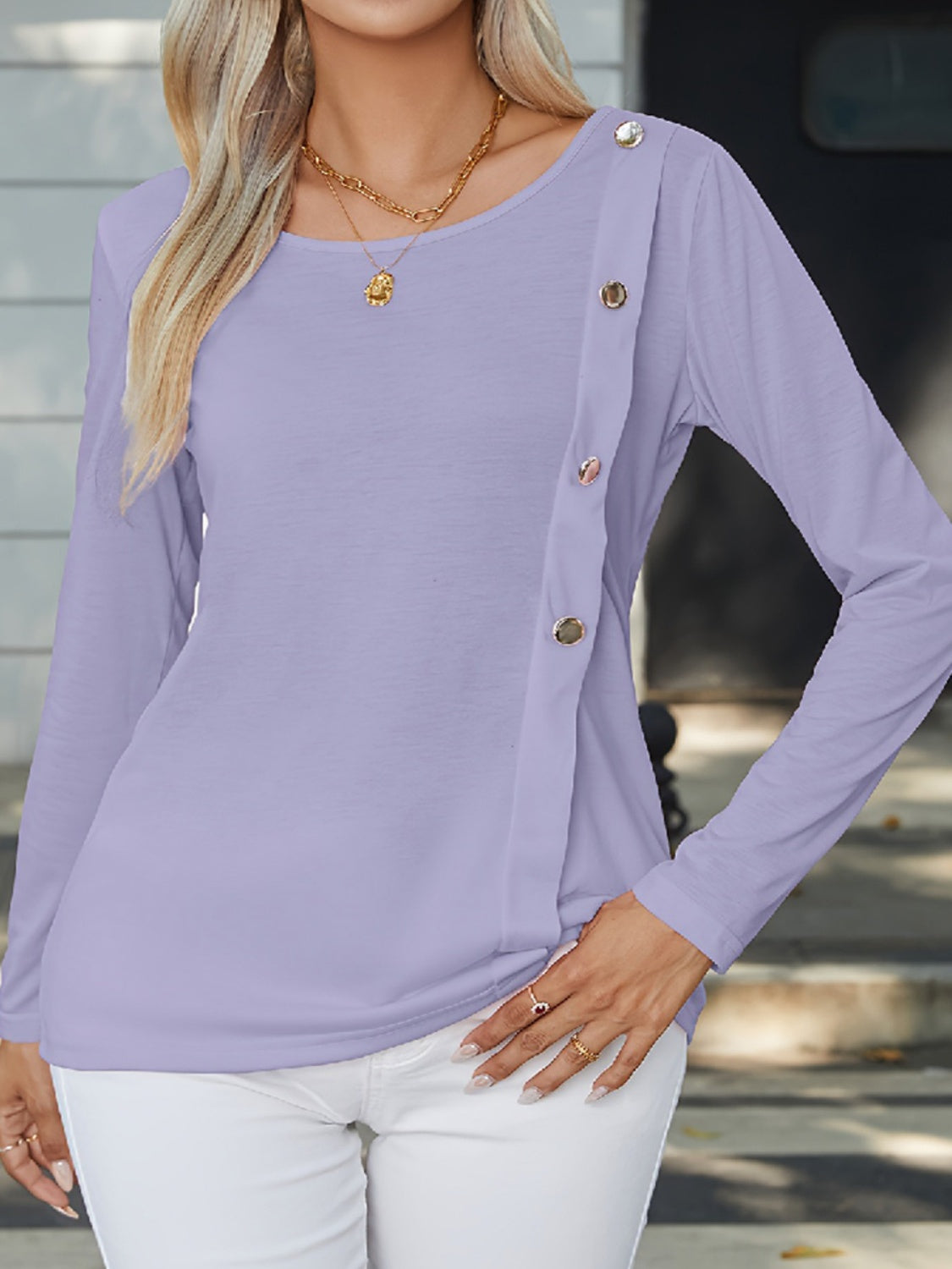 Decorative Button Round Neck Long Sleeve T-Shirt-Angel Casuals