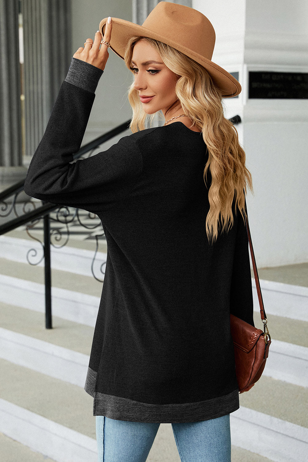 Slit V-Neck Long Sleeve T-Shirt-Angel Casuals