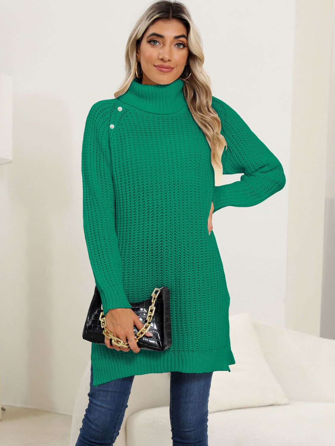 Slit Turtleneck Long Sleeve Sweater-Angel Casuals