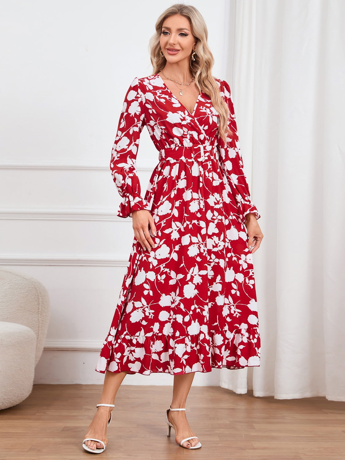 Floral Surplice Flounce Sleeve Ruffle Hem Dress-Angel Casuals