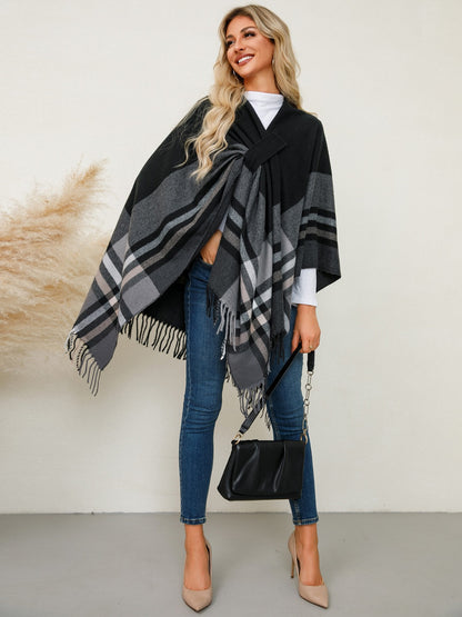 Fringe Contrast Plaid Poncho-Angel Casuals