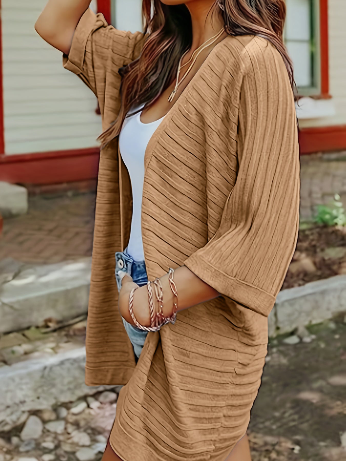 Striped Open Front Knit Cardigan-Angel Casuals