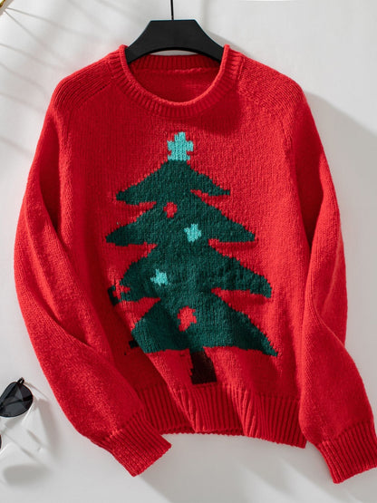 Christmas Tree Round Neck Raglan Sleeve Sweater-Angel Casuals