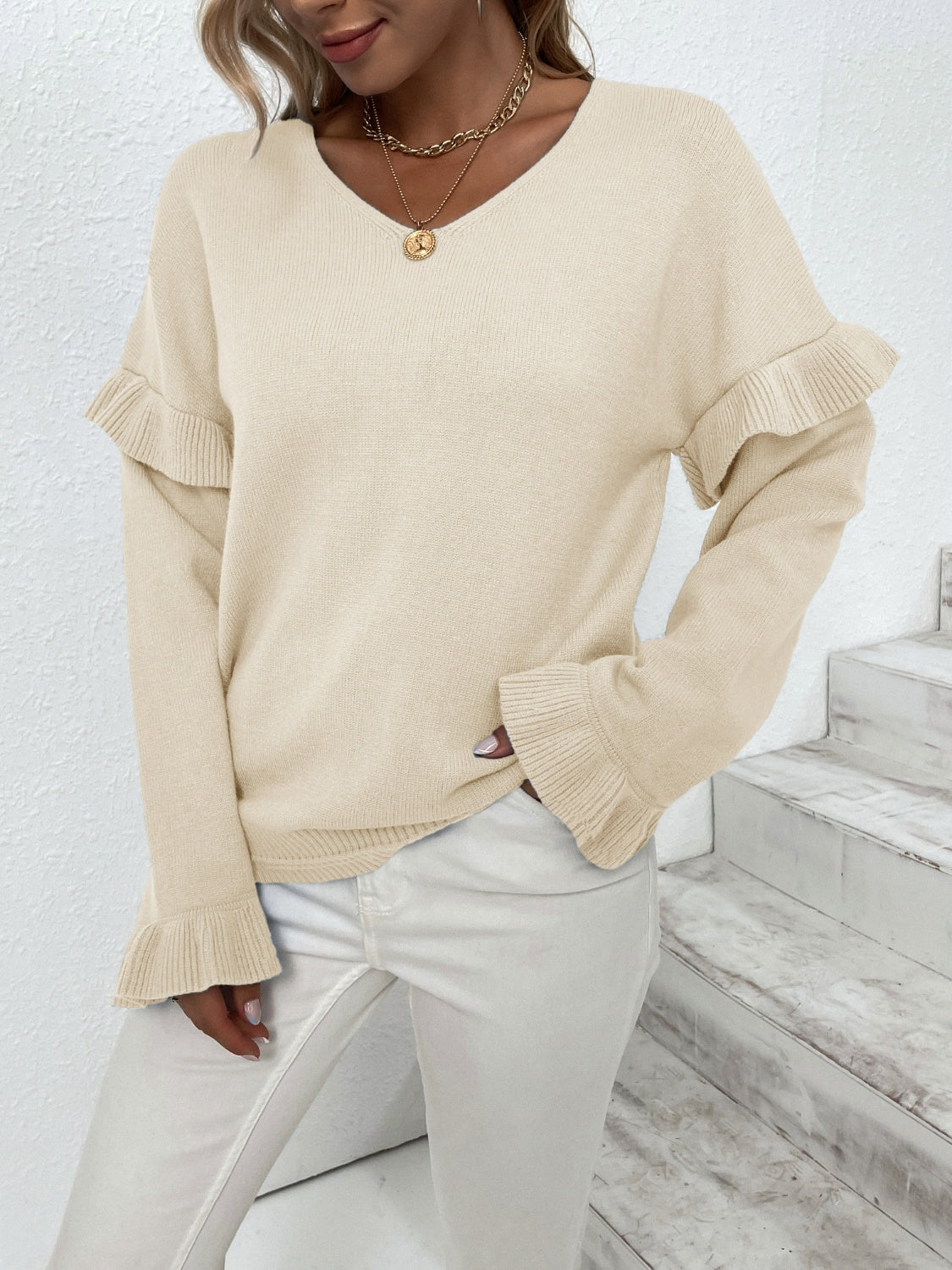 Ruffled V-Neck Dropped Shoulder Sweater-Angel Casuals