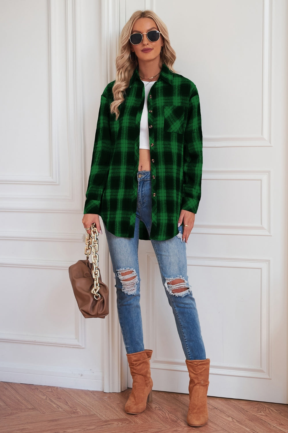 Plaid Button Up Dropped Shoulder Outerwear-Angel Casuals