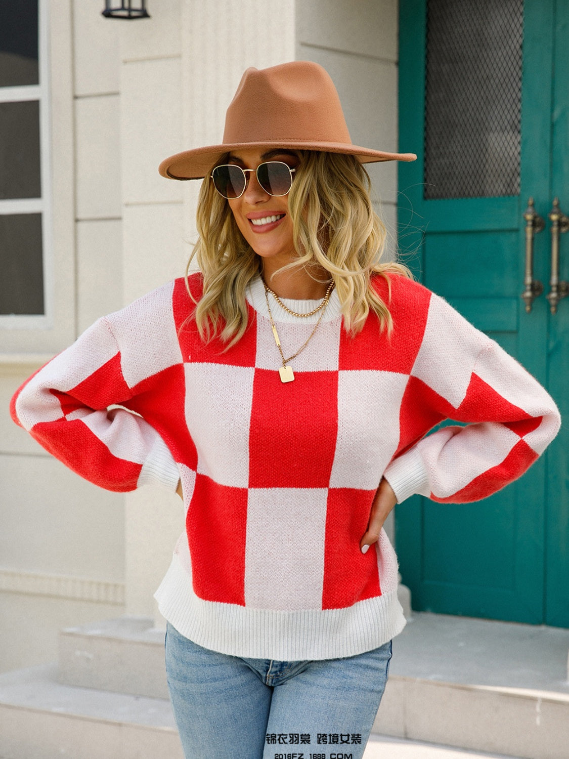 Angel Wings Checkered Round Neck Dropped Shoulder Sweater-Angel Casuals