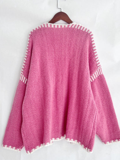 Double Take Contrast Open Front Dropped Shoulder Cardigan-Angel Casuals