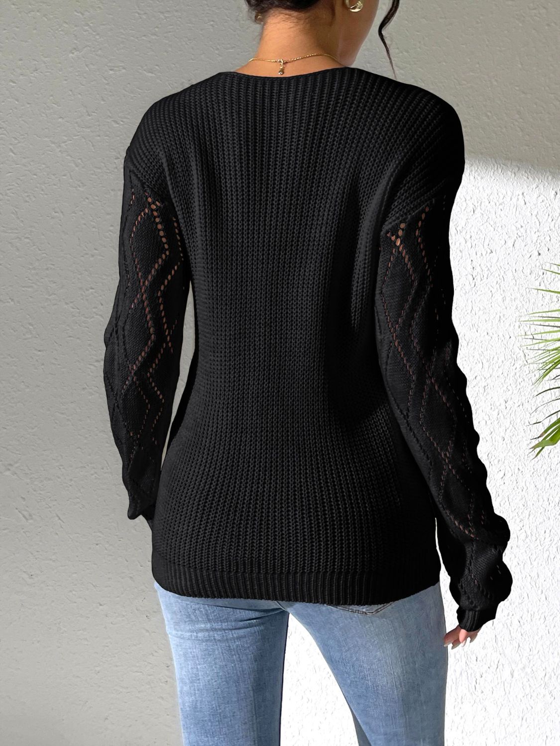 Openwork V-Neck Long Sleeve Sweater-Angel Casuals