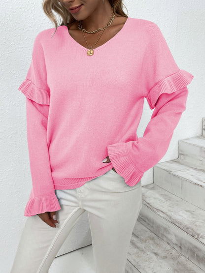 Ruffled V-Neck Dropped Shoulder Sweater-Angel Casuals