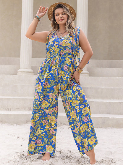 Plus Size Printed V-Neck Wide Leg Jumpsuit-Angel Casuals