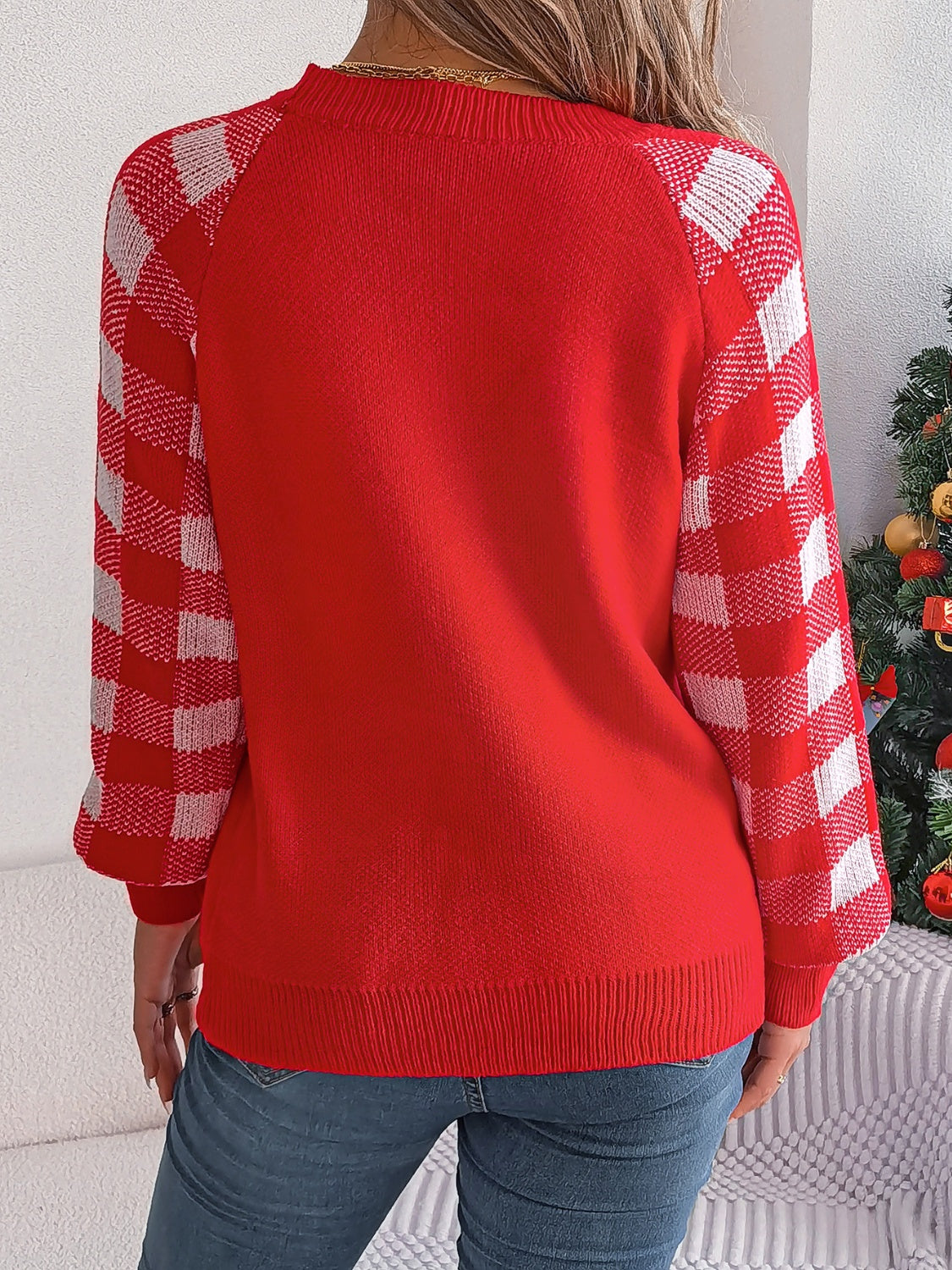 Reindeer Plaid Round Neck Long Sleeve Sweater-Angel Casuals