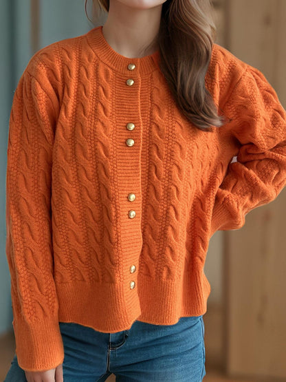 Cable-Knit Round Neck Long Sleeve Cardigan-Angel Casuals