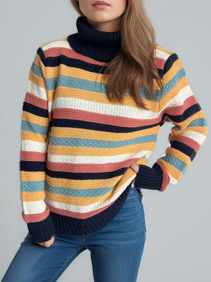 Contrast Stripes Turtleneck Long Sleeve Sweater-Angel Casuals