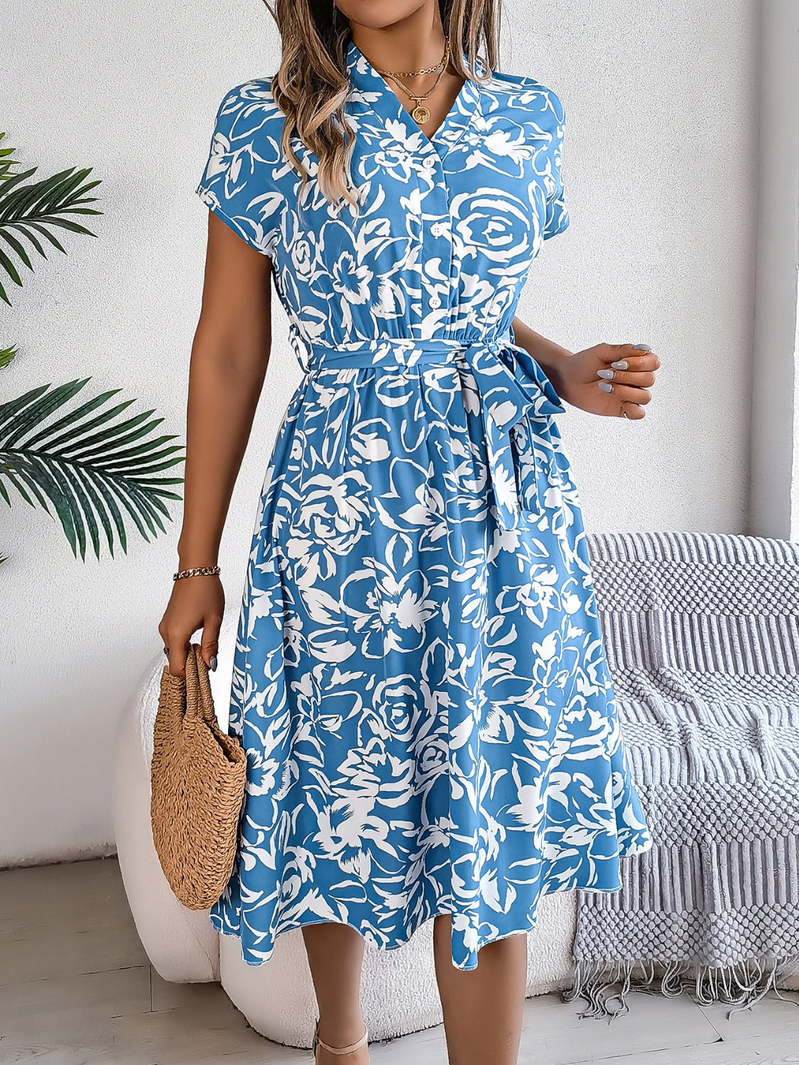 Printed V-Neck Short Sleeve Dress-Angel Casuals