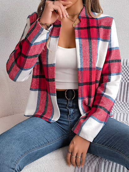 Plaid Open Front Long Sleeve Jacket-Angel Casuals