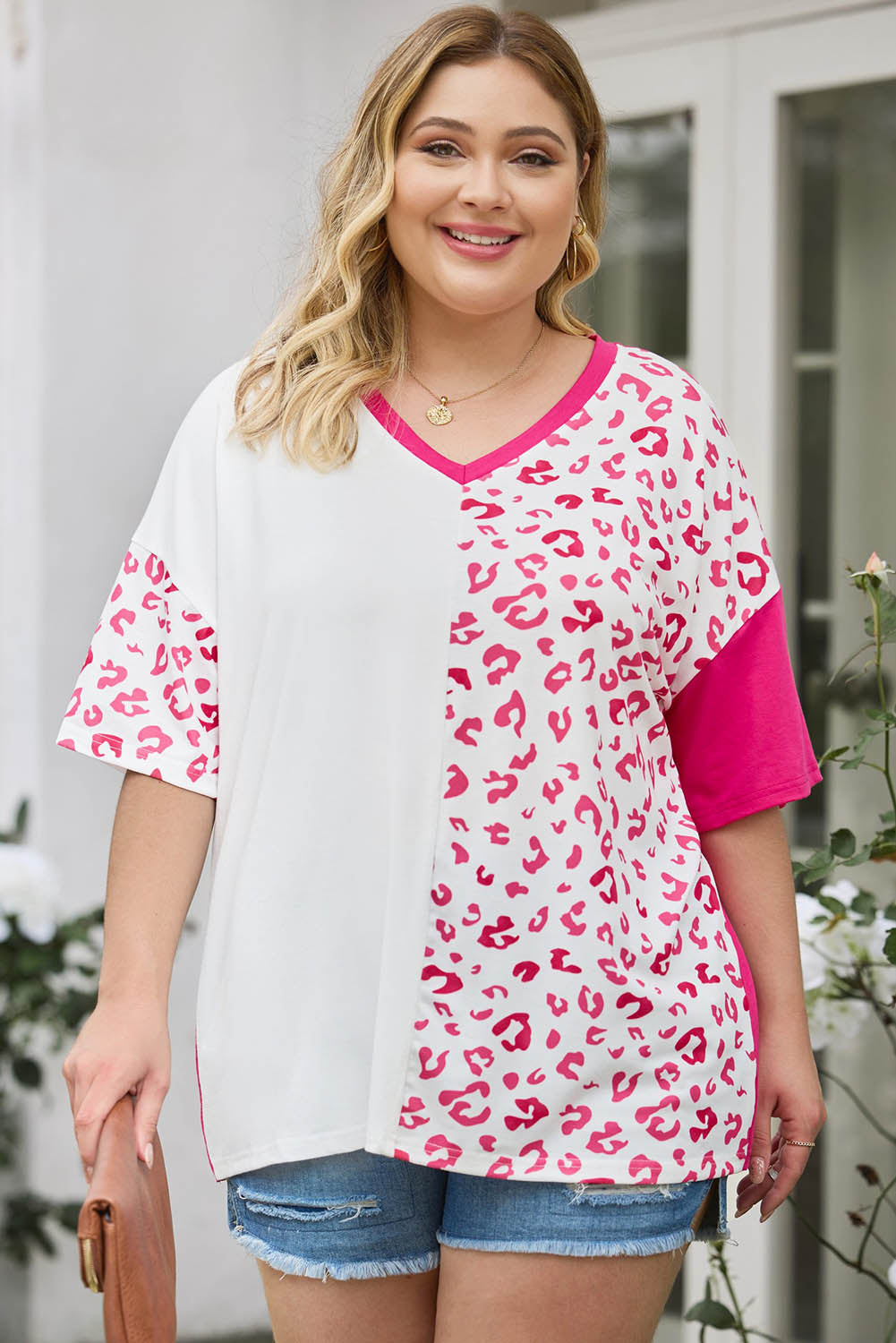 Plus Size Leopard V-Neck T-Shirt-Angel Casuals