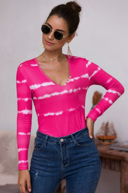 Tie-Dye Plunge Long Sleeve Top-Angel Casuals