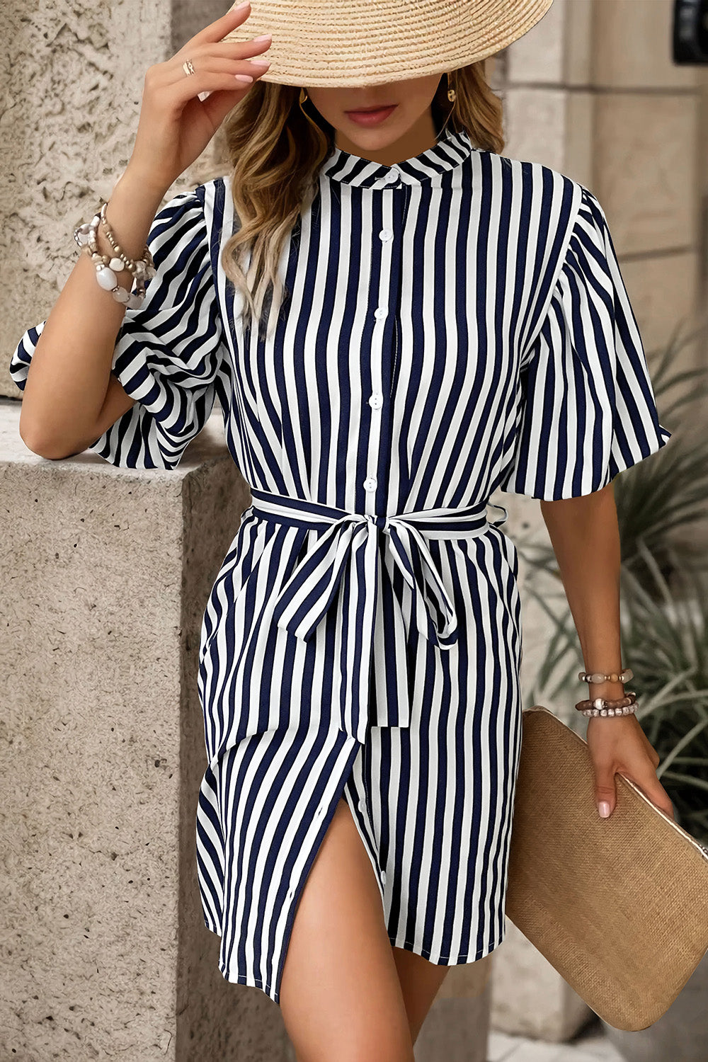 Striped Button Up Tie Waist Mini Dress-Angel Casuals