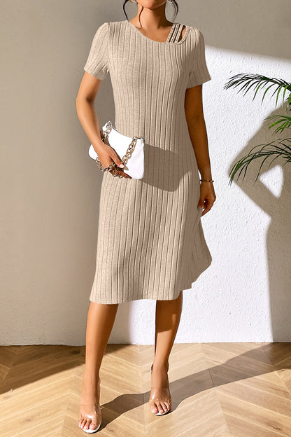 Ribbed Asymmetrical Neck Short Sleeve Dress-Angel Casuals