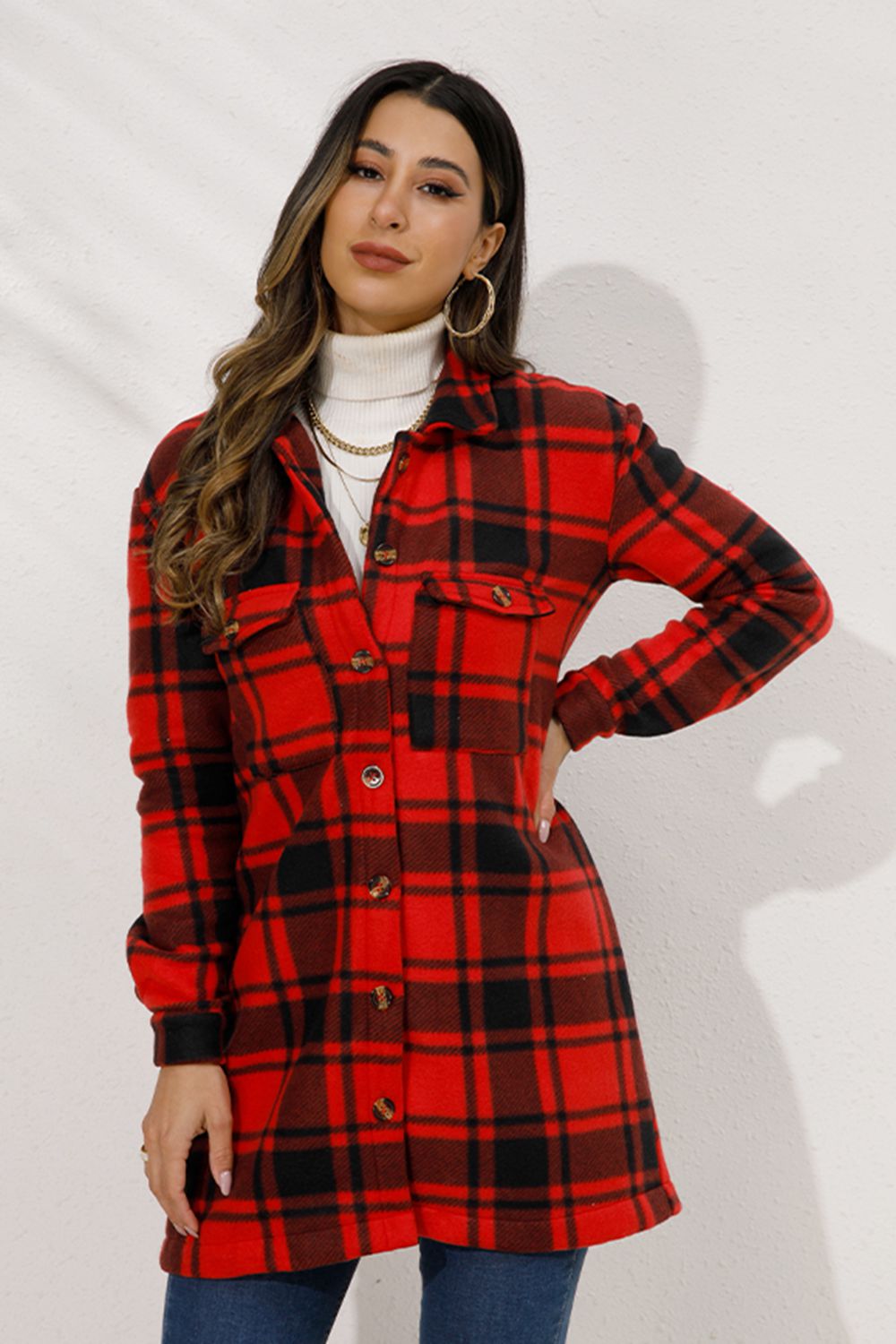 Shiny Plaid Collared Longline Coat-Angel Casuals