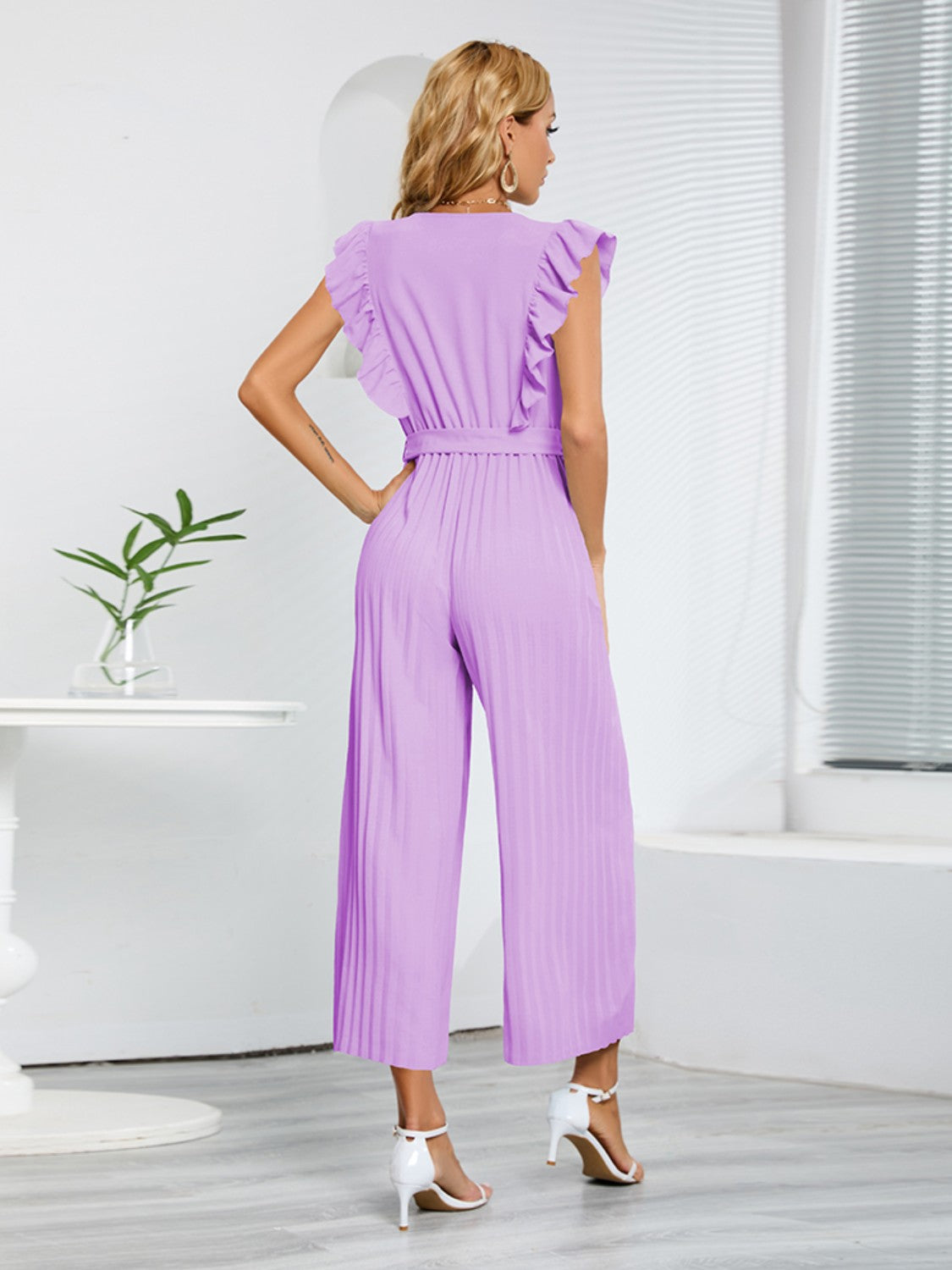 Ruffled Surplice Cap Sleeve Jumpsuit-Angel Casuals