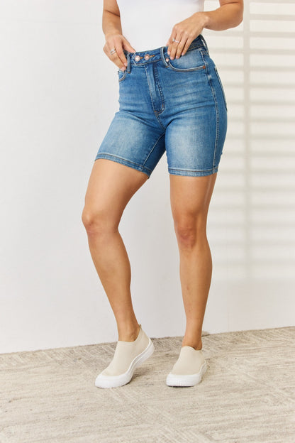 Judy Blue Full Size Tummy Control Double Button Bermuda Denim Shorts-Angel Casuals