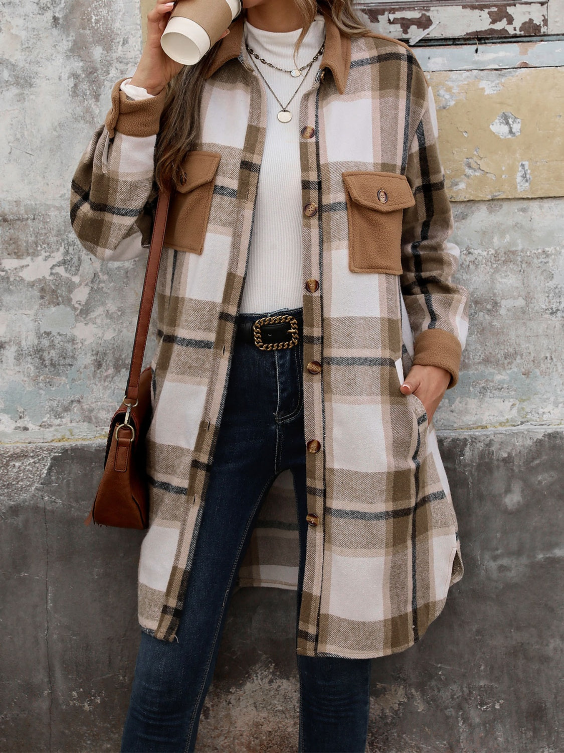 Perfee Plaid Button Up Long Sleeve Coat-Angel Casuals