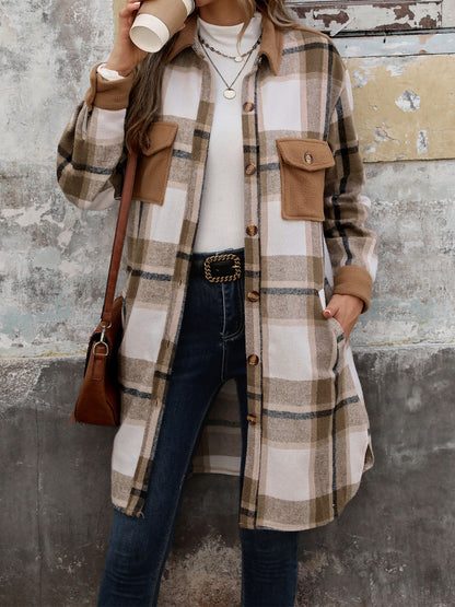 Perfee Plaid Button Up Long Sleeve Coat-Angel Casuals